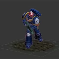 Blue Armored Warrior Robot Figure Numbered 11 Holding Gun Under Spotlight On Gray Background
