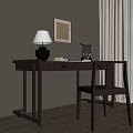 Traditional Chinese Wooden Desk with Table Lamp Calligraphy Tools Chair and Wall Art