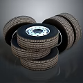 Stacked Car Tires Display With Stylish Wheel Rims And Detailed Tread Patterns
