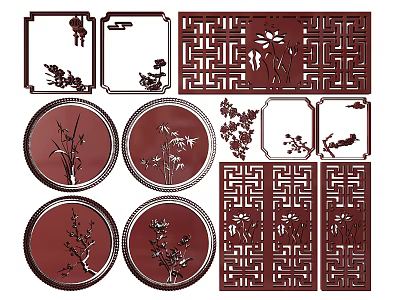 Traditional Chinese Wooden Carvings With Floral Geometric Patterns And Various Shapes 3d model