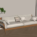 Beige Multi Person Sofa with Wooden Frame Throw Pillows and Potted Plant Near Curtains