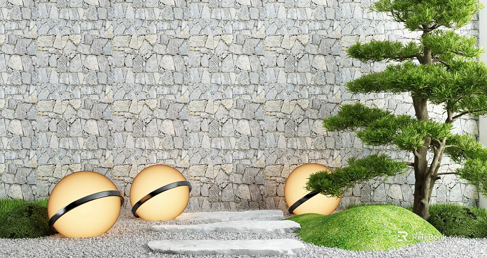 Tranquil Garden Courtyard With Stone Wall Spherical Lanterns Stone Steps Pine Tree And Grass 3d model