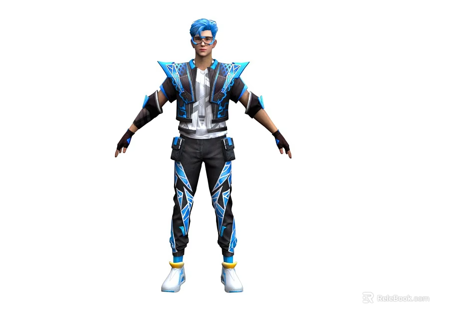 Man with Blue Hair Wearing Futuristic Outfit with Blue and Black Accents and Stylish Sunglasses 3d model 
