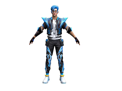 Man with Blue Hair Wearing Futuristic Outfit with Blue and Black Accents and Stylish Sunglasses 3d model