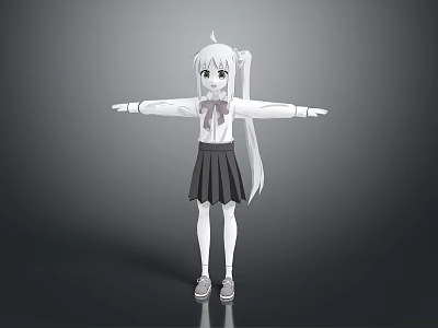 Anime Game Character With Long White Hair Ponytail White Shirt Black Pleated Skirt Arms Outstretched 3d model