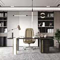 Elegant Modern Desk With Black Wooden Top Gold Metal Legs Leather Chair And Table Lamp