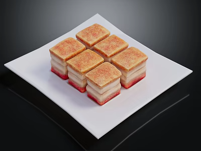 Layered Square Pastries with Golden Crust and Red White Layers on White Square Plate 3d model