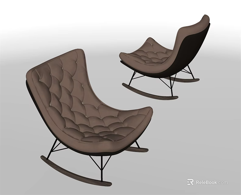 Pair of Modern Leisure Rocking Chairs with Diamond Stitching Streamlined Design and Black Metal Frame 3d model 