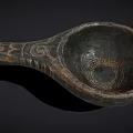 Antique Wooden Tableware Set With Carved Spoon And Intricate Decorative Patterns