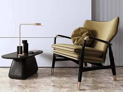 Beige Leisure Chair with Black Armrests Gold Legs and Small Side Table on Marble Floor 3d model