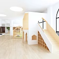 Kindergarten Indoor Activity Space With Bookshelves Playhouse Green Plants And Round Tables