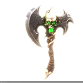 Fantasy Battle Axe With Skull Head Green Glowing Eyes Sharp Blades And Wrapped Handle