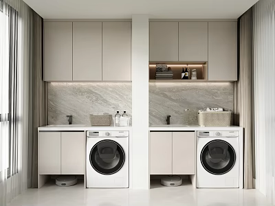 Modern Laundry Room With Two Washing Machines Cabinets Marble Countertops And Laundry Baskets 3d model