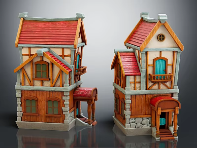 Cartoon Style Houses With Red Roofs Wooden Structure Balconies And Stone Walls 3d model