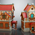 Cartoon Style Houses With Red Roofs Wooden Structure Balconies And Stone Walls