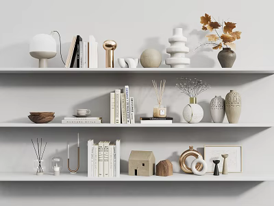 Stylish Decorative Ornament Set with Books Vases Lamp and Geometric Ornaments on White Shelves 3d model