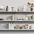 Stylish Decorative Ornament Set with Books Vases Lamp and Geometric Ornaments on White Shelves