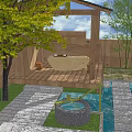 Tranquil Garden Landscape With Bamboo Grove Stone Path Wooden Pavilion And Green Grass