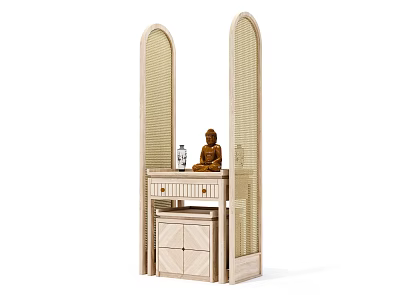 Stylish Decorative Console Table With Arched Rattan Screens Drawers And Buddha Statue 3d model