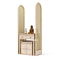 Stylish Decorative Console Table With Arched Rattan Screens Drawers And Buddha Statue