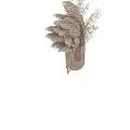 Woven Vase with Beige Fluffy Dried Flowers and Small Leaf Branches on Black Background
