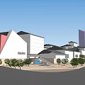 Modern Commercial Street With Colorful Buildings Green Trees And Open Plaza