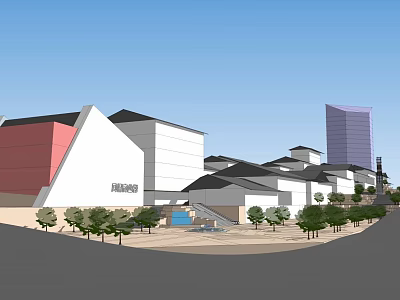 Modern Commercial Street With Colorful Buildings Green Trees And Open Plaza 3d model