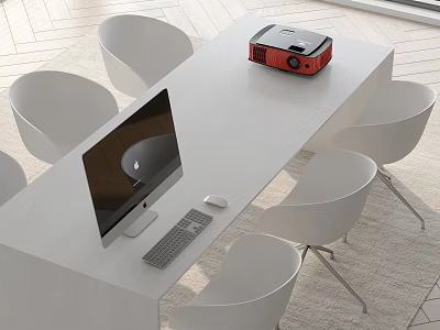 Modern White Office Desk With iMac Computer Keyboard Mouse And Red Projector 3d model