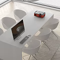 Modern White Office Desk With iMac Computer Keyboard Mouse And Red Projector