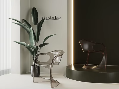 Modern Transparent And Dark Leisure Chairs In Minimalist Interior With Green Plant And Display Platform 3d model
