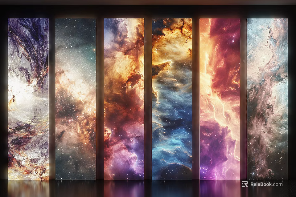 Multiple Vertical Wall Panels With Colorful Starry Nebula Patterns And Dreamy Artistic Effect 3d model 