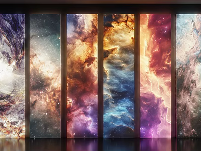 Multiple Vertical Wall Panels With Colorful Starry Nebula Patterns And Dreamy Artistic Effect 3d model