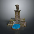 Moss Covered Garden Ornament Featuring Elephant Statue on Stone Pedestal with Blue Water Basin