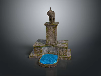 Moss Covered Garden Ornament Featuring Elephant Statue on Stone Pedestal with Blue Water Basin 3d model