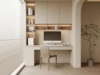 Minimalist Beige Home Office Desk With Computer Bookshelf And Potted Plant 3d model