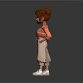 Cartoon Game Movie Character With Red Bun Hairstyle Orange Striped Sweater Beige Pants White Shoes