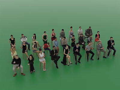 Group of People in Various Poses and Different Outfits Against Green Background 3d model
