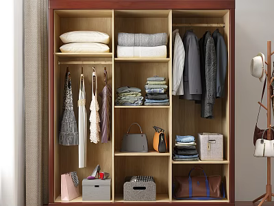 Wooden Wardrobe Interior With Hanging Clothes Folded Garments Bags Shoes And Storage Boxes 3d model