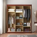 Wooden Wardrobe Interior With Hanging Clothes Folded Garments Bags Shoes And Storage Boxes