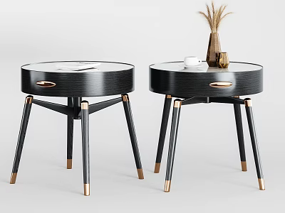 Pair of Modern Black Nightstands With Round Top Drawer And Brass Leg Accents 3d model