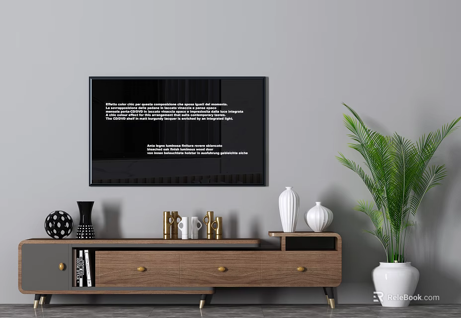 Modern Wooden TV Stand With Drawers Open Shelves Decorative Items And Green Plant 3d model 
