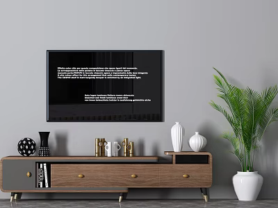 Modern Wooden TV Stand With Drawers Open Shelves Decorative Items And Green Plant 3d model