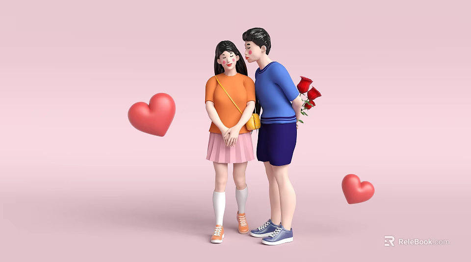 Cartoon Scene of Young Couple With Boy Holding Roses And Floating Heart Shapes 3d model 