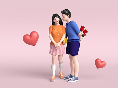 Cartoon Scene of Young Couple With Boy Holding Roses And Floating Heart Shapes 3d model