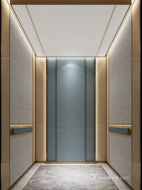 Modern Elevator Interior Design With Blue Walls Wooden Decorations And Lighting Strips 3d model