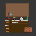 Brown Home Office Desk With Bulletin Board Notes Lamp Drawers And Orange Box