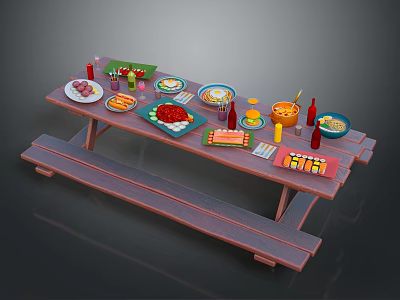 Assorted Delicious Foods on Picnic Table with Plates Dishes Drink and Condiment Bottles 3d model