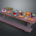 Assorted Delicious Foods on Picnic Table with Plates Dishes Drink and Condiment Bottles