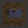 Rustic Hut With Blue Roof Chimney And Burning Fireplace Wooden Table Chairs On Dirt Ground