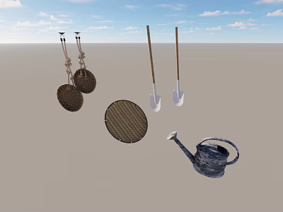 Agricultural Equipment with Hanging Mesh Sieves Long Handle Shovels Round Sieve and Watering Can 3d model